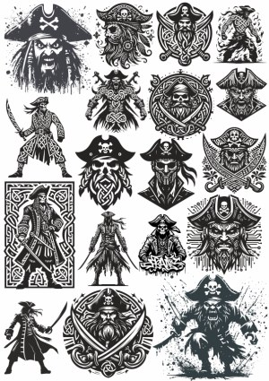 Detailed Black and White Pirate and Skull Vector Set Free Vector