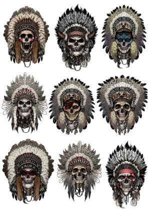 Skull Heads Wearing Detailed Native American Feathered Headdresses Free Vector