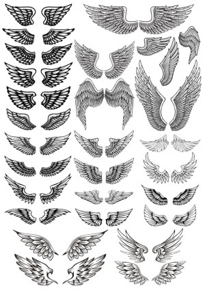 Set of Hand-Drawn Black and White Angel Wings Vector Illustrations Free Vector