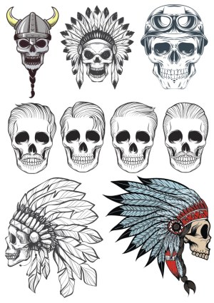 Collection of Skulls with Various Helmets and Hairstyles Free Vector