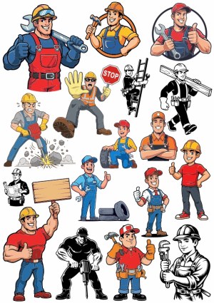 Construction Workers and Mechanics Cartoon Characters Vector Set Free Vector