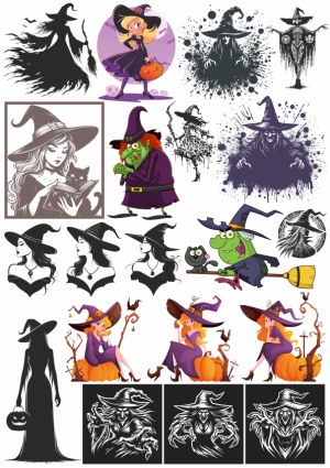 Diverse Witch Characters and Halloween-Themed Illustrations Free Vector