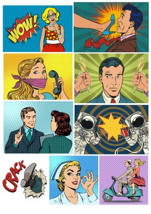 Pop Art Comic Style Vector Collection with Retro Characters and Scenes Free Vector