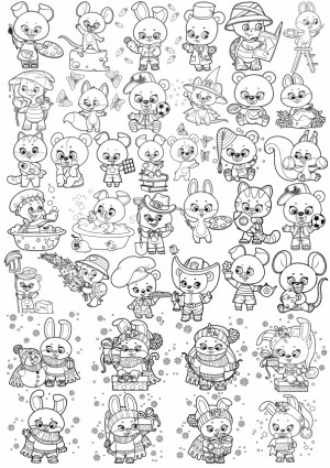 Cute Cartoon Animal Characters with Various Activities Coloring Page Free Vector