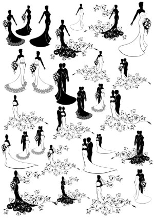 Silhouette Wedding Couples and Brides with Floral Dress Trains Free Vector
