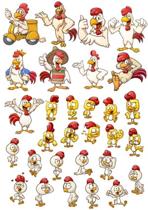 Set of Cartoon Rooster and Chick Characters with Various Expressions and Poses Free Vector