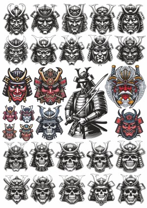 Samurai Warrior Helmets and Skull Masks Vector Set Free Vector