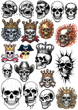 Collection of Decorative Skull Illustrations with Crowns and Accessories Free Vector