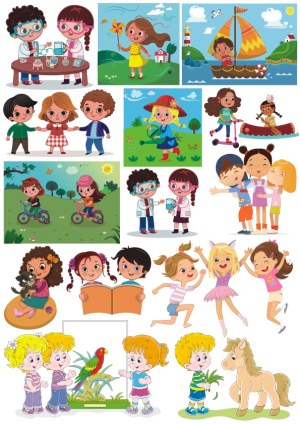 Cute Children Engaged in Various Outdoor and Indoor Activities Vector Set Free Vector