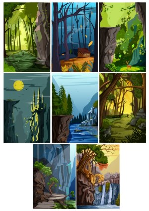 Collection of Seven Atmospheric Forest and Mountain Landscape Vectors Free Vector