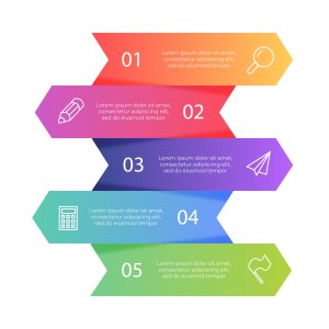Colorful Five-Step Infographic with Numbered Arrow Banners and Icons Free Vector