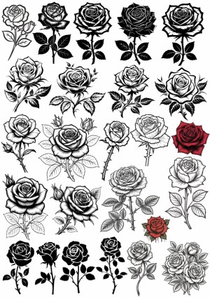 Collection of Black and White Rose Vector Illustrations with Two Red Roses Free Vector