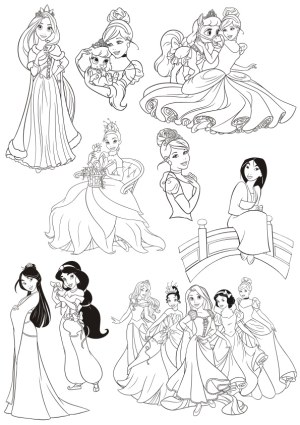 Line Art Princess Characters Coloring Pages Collection Free Vector