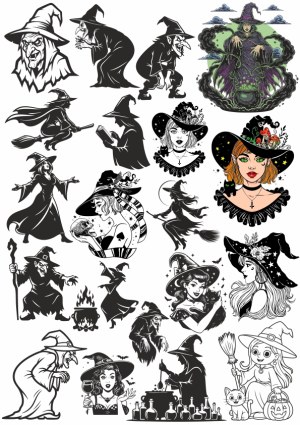 Collection of Witch and Halloween Vector Illustrations Free Vector