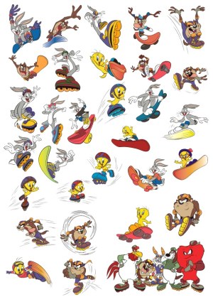 Cartoon Characters on Roller Skates and Snowboards Vector Set Free Vector