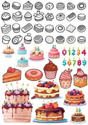 Birthday Cakes, Cupcakes, and Dessert Vector Icons and Illustrations Free Vector