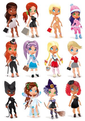 Set of 12 Cartoon Female Characters in Various Costumes and Styles Free Vector
