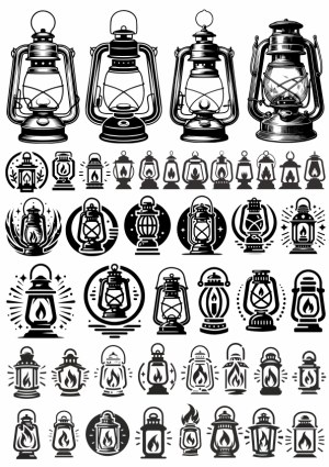Black and White Vintage Lantern and Lamp Vector Icons Set Free Vector