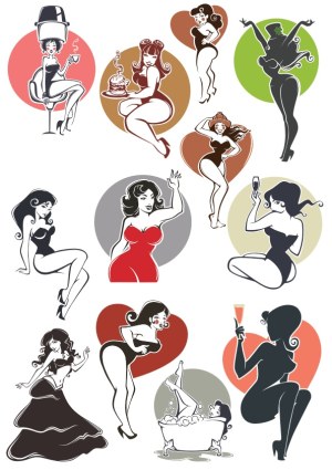 Vintage Pin-Up Girl Vector Set with Various Poses and Activities Free Vector