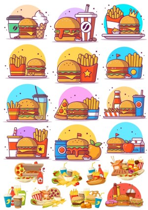 Colorful Fast Food Meal Vector Icons Set Free Vector