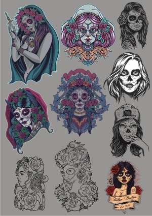 Day of the Dead Female Portraits Tattoo Vector Set Free Vector