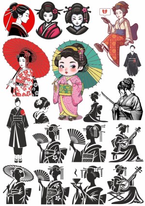 Collection of Geisha and Traditional Japanese Woman Vector Illustrations Free Vector
