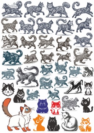 Decorative and Stylized Cat Vector Illustrations Collection Free Vector
