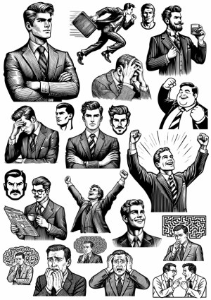 Vintage Businessman Expressions and Poses Vector Set Free Vector