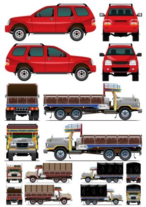 Vector Illustrations of Red SUV and Various Cargo Trucks from Multiple Angles Free Vector
