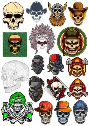 Collection of Stylish Skull Head Vector Illustrations with Various Themes Free Vector