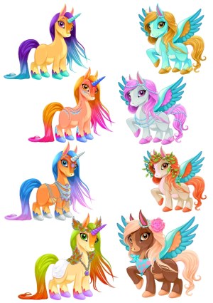 Colorful Fantasy Unicorn and Pegasus Cartoon Characters Collection Free Vector