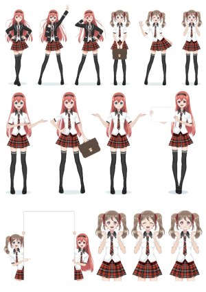 Anime Schoolgirl Characters in Various Poses with Red Plaid Skirts Free Vector