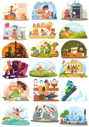 Set of Diverse Everyday Activities Vector Illustrations Free Vector