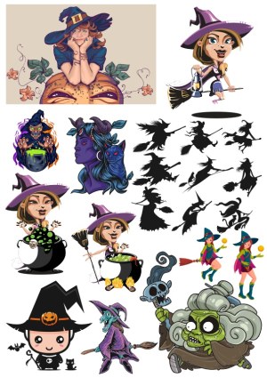 Collection of Colorful Halloween Witch and Monster Vector Illustrations Free Vector