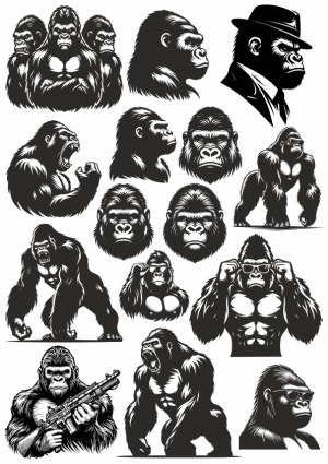 Black and White Vector Illustrations of Gorillas in Various Poses and Styles Free Vector
