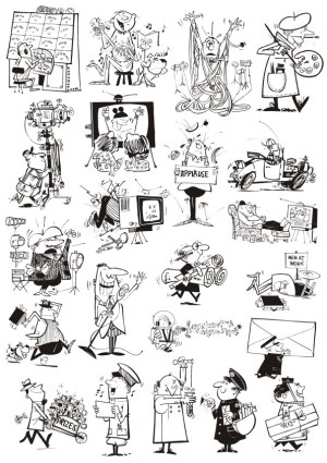 Vintage Cartoon Illustrations of Film and Television Production Scenes Free Vector