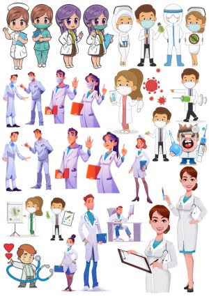 Various Cartoon Medical Professionals and Health Care Scenes Free Vector