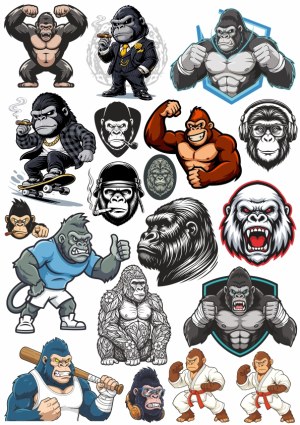 Collection of Gorilla and Ape Cartoon Vector Mascots and Illustrations Free Vector
