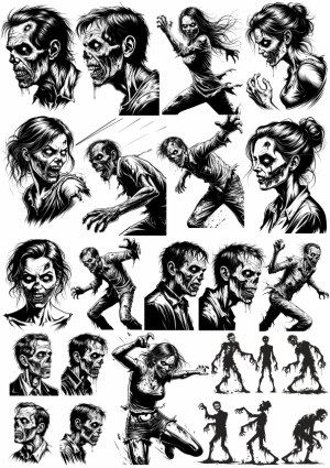 Set of Detailed Black and White Zombie Vector Illustrations Free Vector