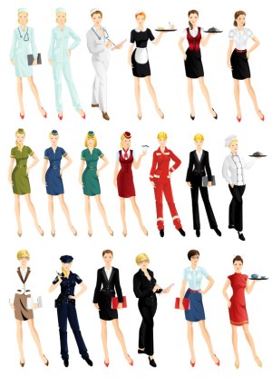 Vector Set of Women in Various Professional Uniforms and Business Attire Free Vector
