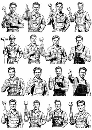 Set of Handyman and Mechanic Poses with Tools Free Vector