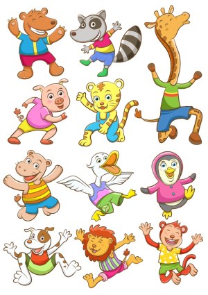 Set of Cheerful Cartoon Animal Characters in Colorful Clothes Free Vector