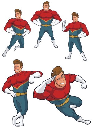 Set of five cartoon muscular superhero poses Free Vector