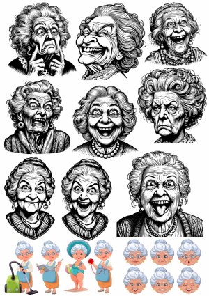 Collection of Elderly Woman Expressions and Activities Vector Illustrations Free Vector