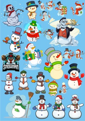 Collection of Cartoon Snowman Characters and Winter Icons Free Vector