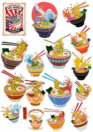Assorted Decorative Vector Ramen Bowls with Chopsticks and Ingredients Free Vector