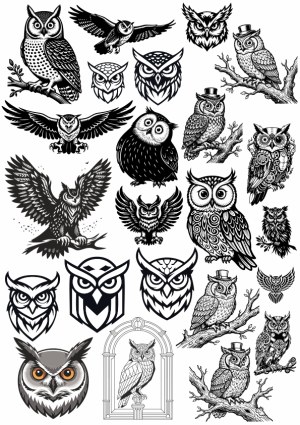 Collection of Detailed Black and White Owl Vector Illustrations Free Vector