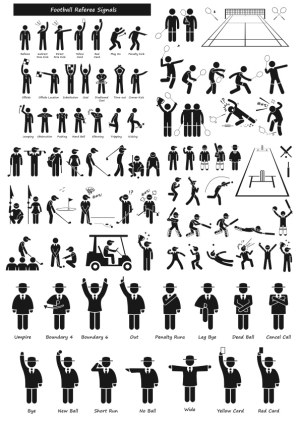 Sports Officials and Player Actions Vector Icons for Football, Tennis, Golf, Hockey, and Cricket Free Vector