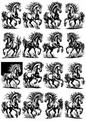 Set of Black and White Dynamic Running Horse Illustrations Free Vector