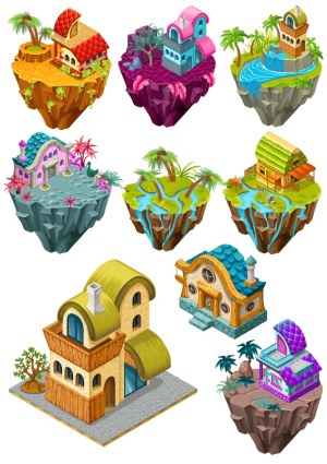 Isometric Floating Island Houses and Buildings Collection Free Vector